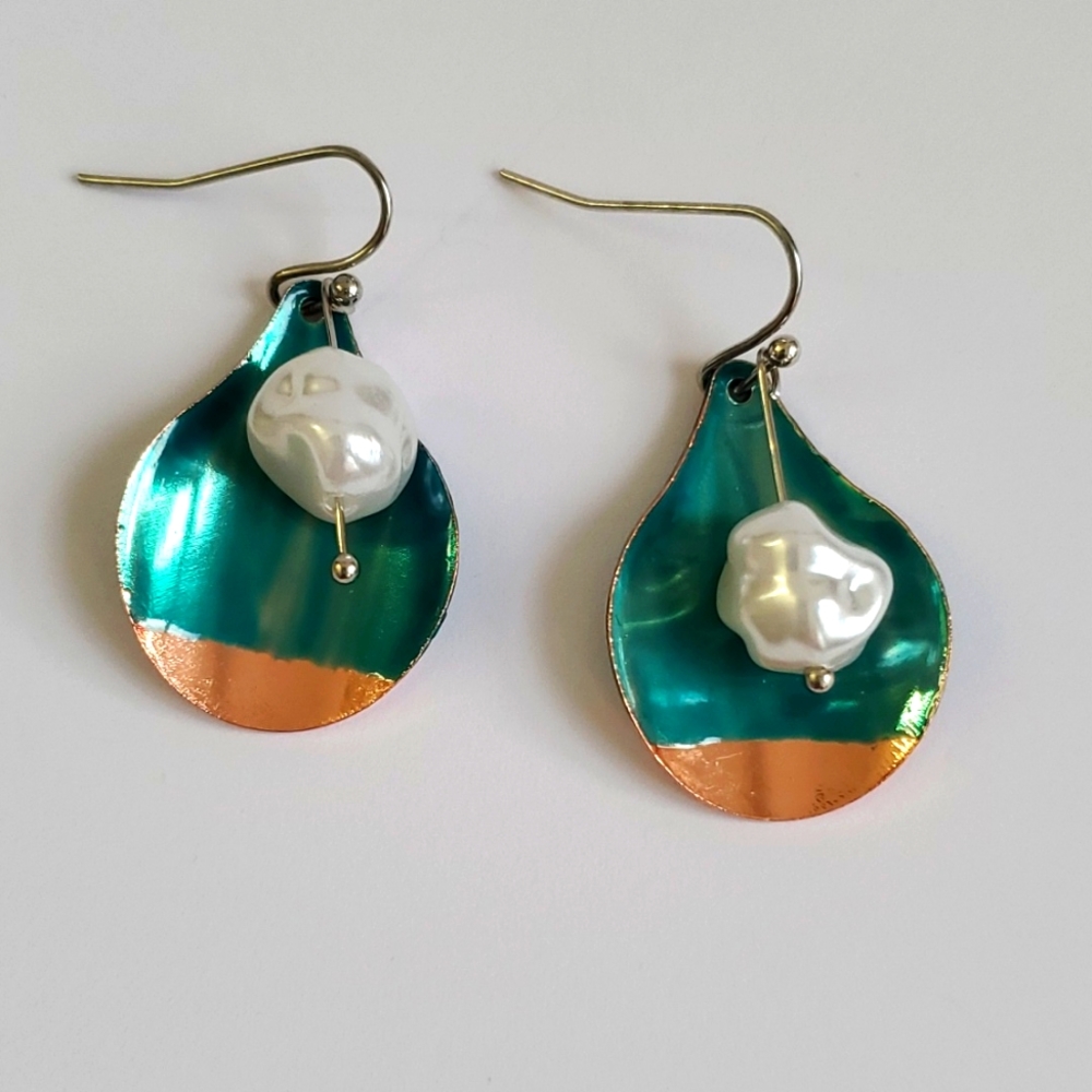 Vintage Teal and Copper Drop Earrings with Genuine Pearl Accent